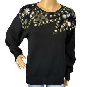Vintage 80s Lindsey Blake Beaded Jeweled Sweater Black Long Sleeve Size M